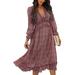 UKAP Women Summer Tunic Dress V Neck Casual Loose Flowy Swing Dresses Flared sleeves Wine Red L