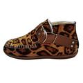 Bescita Women's Fashion Flat Leopard Casual Buckle Strap Flock Round Toe Boots Shoes