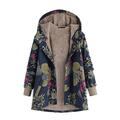 Alloet Winter Warm Hooded Jacket Leaf Floral Print Velvet Outwear Coats