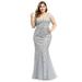 Ever-Pretty Women's Mermaid V-Neck Sleeveless Maxi Dress Plus Size Wedding Guest Dress 78862 Sliver US16