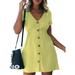 Summer Womens Casual Button Down Dress Ladies Solid Color Beach Party Holiday Dress Swing Pleated Sundress