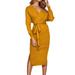 Fashion Winter Women Long Sleeve Casual V-Neck Sweater Midi Dress Ladies Slim Fit Maxi Wrap Kimono Knit Dress Evening Prom Cocktail Party Sexy Bodycon Split Sweater Long Dress With Waist Tie