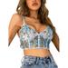 EYIIYE Women Flower Embroidery Deep V-neck Perspective Mesh Lace Navel Camisole