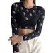 GadgetVLot Women Sun Moon PrintPrinted} Round Collar Two Piece Set Transparent Mesh Slim Short Tank Tops Long-sleeve Sexy Streetwear Fall