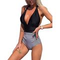 FOCUSNORM Women One-piece Swimsuit Tie Up V-neck Halter Swimwear with Chest Pad