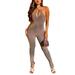 Ma&Baby Women Backless Solid Color V-neck Slit Tie Up Halter Jumpsuit