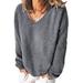 Avamo Women Baggy Pullover Loose Casual Fuzzy Fleece Jumper Ladies Long Sleeve Plush Pullover V-Neck Top Fashion Solid Color Autumn Fall Sweatshirt