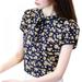 Summer Floral Print Chiffon Blouse Ruffled Collar Bow Neck Shirt Short Sleeve Tops