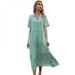 CUTELOVE Spring and Summer Women's Elegant V-Neck Solid Color Short Sleeve Button Up Long Casual Skirt Loose Dress Green
