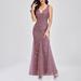 Women Sexy V-Neck Embroidered Beaded Slim Sleeveless Fishtail Evening Dress