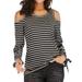 STARVNC Women Round Neck Cold Shoulder Lace Up Long Sleeve Stripe Print Tops