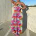 Women Summer Off Shoulder Tie Print Ruched Sleeveless Maxi Dress