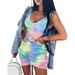 Winnereco Women V Neck Tie Dye Sleeveless Drawstring Gradient Dress (Pink Green L)