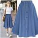 Kernelly Casual A-Line High Waist Button Pleated Midi Skirt Fashion Preppy Style Denim Jean Skirt Women Big Hem Long Skirts