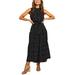 Avamo Womens Boho Maxi Floral Dress Summer Ladies Sleeveless Polka Dot Printed Waist Tie Dress Slim Fitting Black XL(US 12-14)