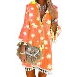 Women 3/4 Bell Sleeve Loose Dress Casaul Flare Daisy Dresses Oversized Beach Fringe Dress Tunic High Waist Princess Dress for Womens Ladies