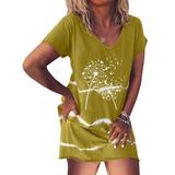 TWZH Women Dandelions Floral Graphic Print Tie Dye Stripes Tunics Mini Dresses