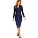 Women's Long Sleeves Collar Shirt Long-Zipper Body-con Winter Dress Navy Blue