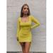 Women's Long Sleeve Ribbed Bodycon Mini Dress Sexy Square Neck Ruched Side Drawstring Solid Color Stretch Party Clubwear