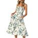 Women Dresses Summer V-Neck Spaghetti Strap Button Down A-Line Backless Swing Midi Dress Sundress