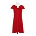 London Times Split Neck Cap Sleeve A-Line Solid Zipper Back Stretch Crepe Dress-RED