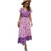 Women's Summer Beach Boho Dress Floral Printed V-Neck Button Closure Short Sleeves Maxi Party Casual Long Bohemian Dress