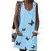 Women Summer Loose Butterfly Printed Tunic Dress Beach Holiday Short Dresses Ladies Pockets Tank Dress Light Blue L