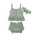 Yinyinxull 3Pcs Baby Girls Clothes Sets Outfits Short Sleeve Tops Shorts Headband Suits Bean Green 12-18 Months