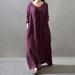 Autumn Women Casual Loose Dress Solid V Neck Long Sleeve Cotton Retro Boho Long Maxi Dress Black/Purple/Red