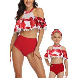 Family Matching Mother Daughter Parent-child 2Pcs Women Ladies Kids Girl Swimwear Top+Swim Briefs Bottoms Mesh Halterneck Blue Red Leaves Beachwear Swimming Costumes Bathing Suit Swimsuits Beach