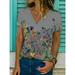 Women Summer Short Sleeve Floral Flower Print Leisure V-Neck Comfort T-Shirts