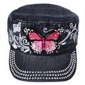 SILVERFEVER Women's Military Cadet Cap Hat - Patch Cotton - Studded & Embroidered (Black, Crystal Butterfly)