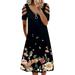 LilyLLL Womens Cold Shoulder Short Sleeve Zipper V Neck Floral Mini Dress