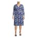 ANNE KLEIN Womens Blue Patterned Long Sleeve V Neck Below The Knee Fit + Flare Dress Size 0X