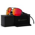 SUNGAIT Ultra Lightweight Rectangular Polarized Sunglasses UV400 Protection (Black Frame Red Mirror Lens, 62) Metal Frame 2458 HEKHO