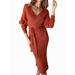Julycc Women Casual Long Sleeve V Neck Knit Solid Color Belted Midi Dress