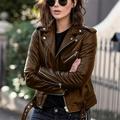 Women Cool Faux Leather Jacket Long Sleeve Zipper Fitted Coat Fall Short Jacket joybuy_Lighthian