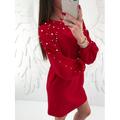 Women's Round Neck New Beaded Solid Color Long Sleeve Slim-Fit Long Dress