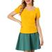 Allegra K Junior's Retro Sweetheart Front Button Decor Short Sleeve Blouse Top Yellow S