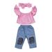 Kids Baby Girls Clothes Set Off Shoulder Tops/Blouse+Denim Pants Net Mesh Stockings Ripped Big Hole Jeans Fashion Girls Clothing