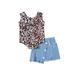 Calsunbaby Summer Little Girl 2 Pieces Outfit Leopard Print Sleeveless Front Button Elastic Waist Denim Skirt