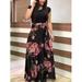 New Women's Summer Print Patchwork Long Dress Casual Short Sleeve Crewneck High Waist Elegant Beach Maxi Party Dress