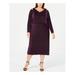 CALVIN KLEIN Womens Purple Multicolored Metallic Long Sleeve V Neck Below The Knee Blouson Party Dress Plus Size: 20W