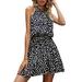 JustVH Women's Cold Shoulder Sleeveless Spot Print Elastic Waist Halter Mini Dress