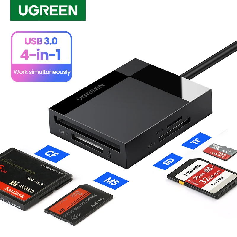 UGREEN Lecteur De Carte 4-en-1 USB3.0/USB-C SD Micro SD TF CF MS Lecteur de Carte pour PC Portable Lecteur de Carte à Puce Carte Mémoire SD Adaptateur