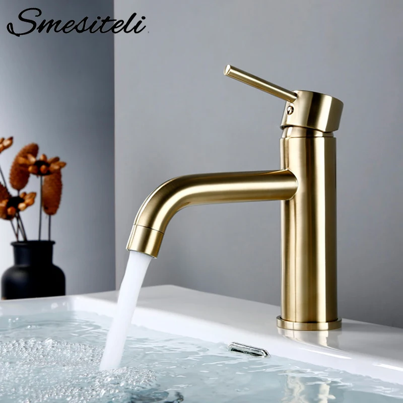 Smesiteli robinets de lavabo brosse or robinet de salle de bains rond à poignée unique, robinet mitigeur de lavabo salle de bains chaud et froid petit évier