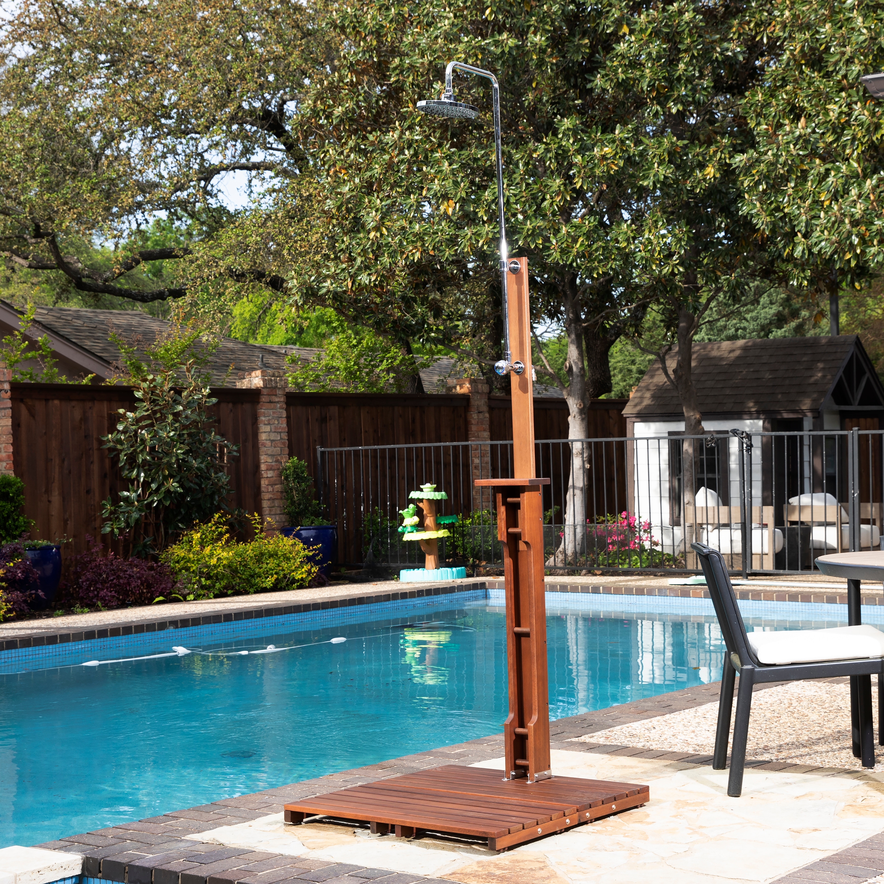 SEI Furniture Parson Oiled Eucalyptus Freestanding Outdoor Shower with Slatted Wood Base and Soap Dish
