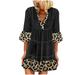 MIARHB Fashion Womens Leopard Print Patchwork V-neck Short Sleeve Cotton Linen Dress