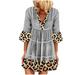 MIARHB Fashion Womens Leopard Print Patchwork V-neck Short Sleeve Cotton Linen Dress