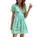 Avamo Womens Summer V Neck Puff Sleeve Floral Print Mini Dress Casual Loose High Waist Mini Dress Ladies Beach Party Sundress